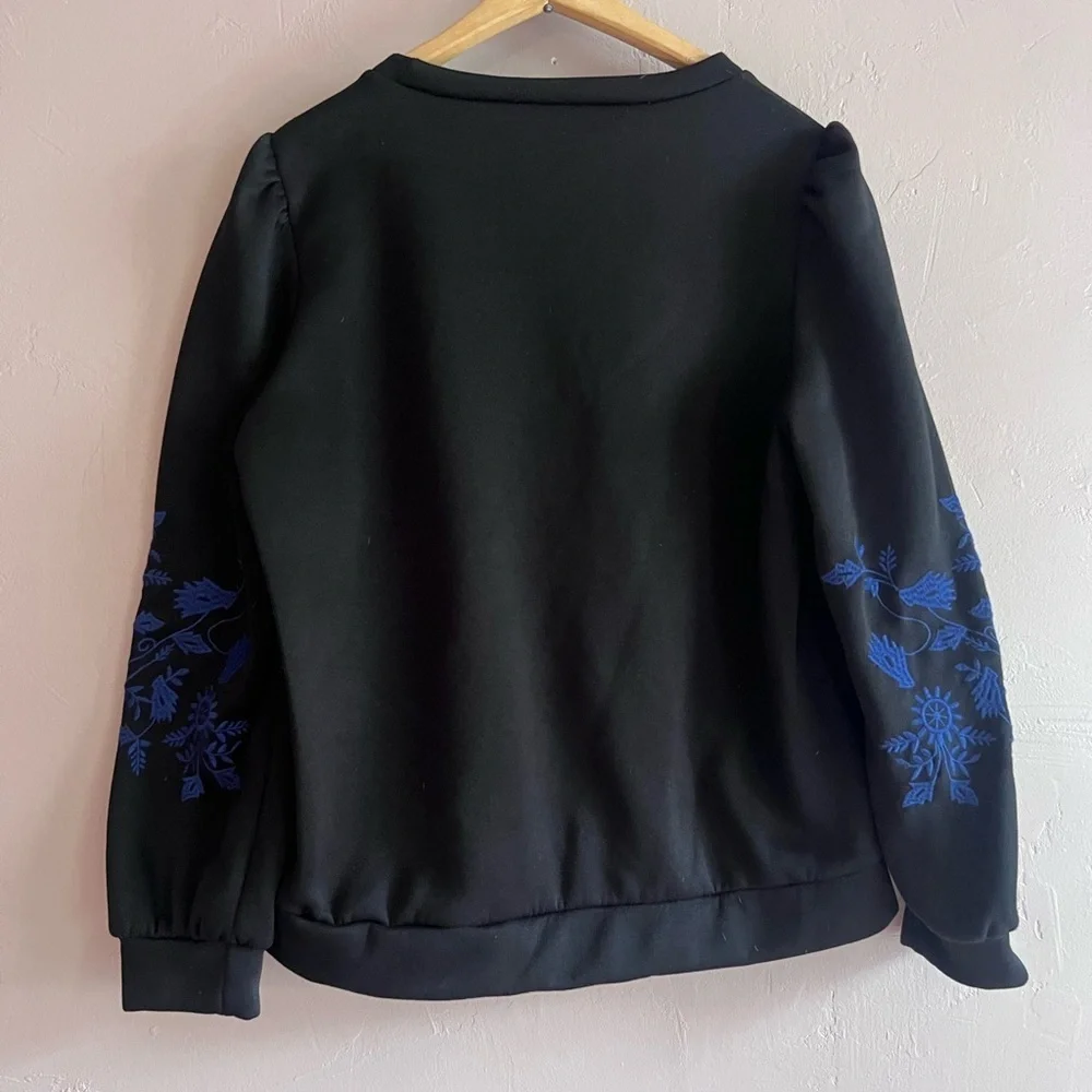 Black Sweater with Blue Embroidered Flowers, Size Large - Picture 2 of 4